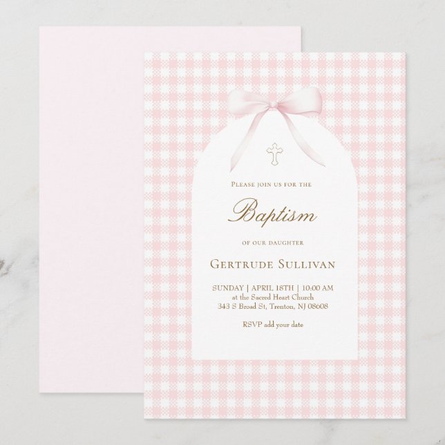 Invitation baptême fille gingham rose blanc (Devant / Derrière)