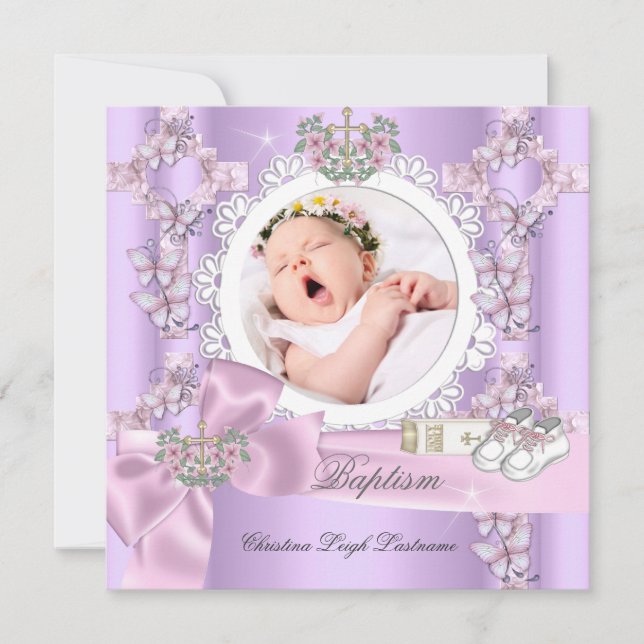 Invitation Baptême Fille Lilac rose blanc Photo Christening (Devant)
