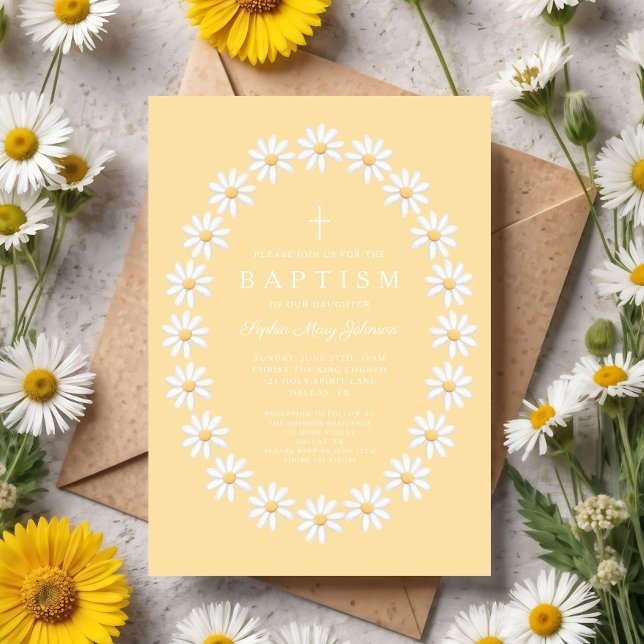 Invitation Baptême Fille Marguerites Florales Modernes (Modern Floral Daisies Girl Baptism Invitation)