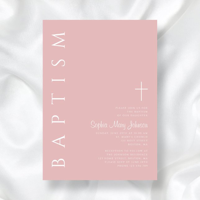 Invitation Baptême Fille Moderne Élégante Rose Pâle Croix (Modern Elegant Blush Pink Cross Girl Baptism Invitation)