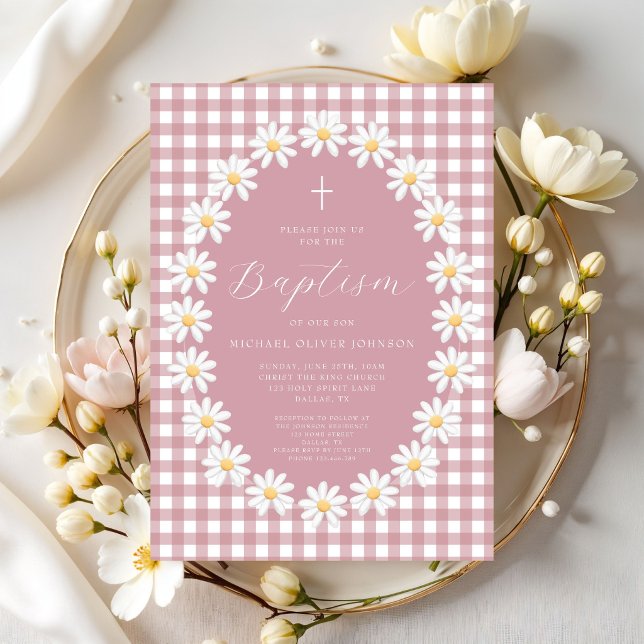 Invitation Baptême Fille Moderne Gingham Floral Rose Poussiér (Modern Dusty Pink Gingham Floral Girl Baptism Invitation)