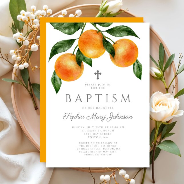 Invitation Baptême Fille Oranges Élégant (Elegant Oranges Girl Baptism Invitation)