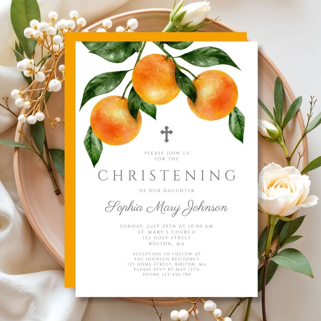 Invitation Baptême Fille Oranges Élégantes (Elegant Oranges Girl Christening Invitation)