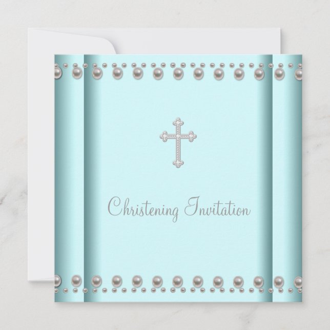 Invitation Baptême Fille ou Garçon Bébé Croix Perle Bleu Turq (Devant)