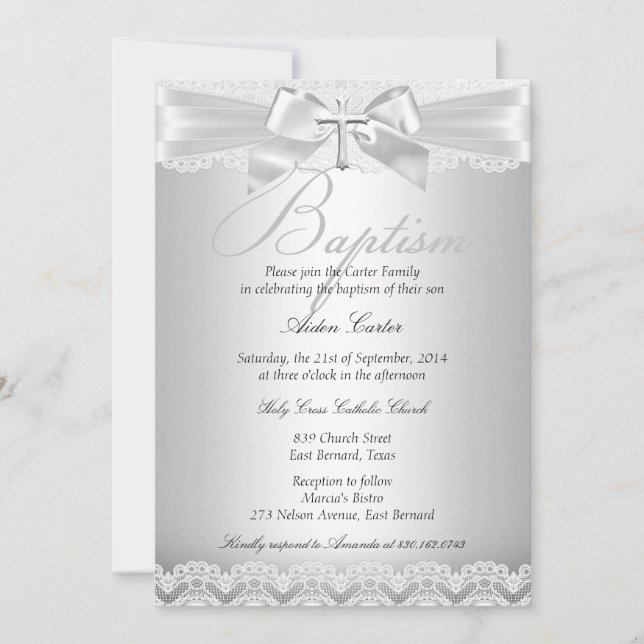 Invitation Baptême Fille ou Garçon Broderie Argentée & Croix  (Devant)