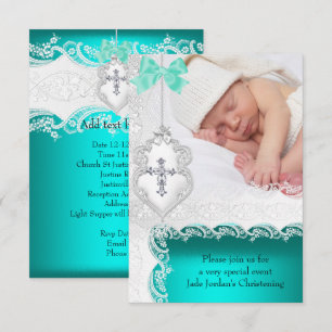 Invitation Baptême Fille ou Garçon Jade Bleu Vert Blanc Dente
