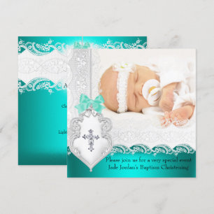 Invitation Baptême Fille ou Garçon Jade Bleu Vert Blanc Dente