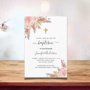 Invitation Baptême fille pampas herbe rose or rousse rose