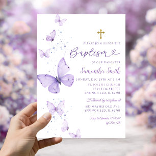 Invitation Baptême Fille Papillon Violet Lilac Minimaliste