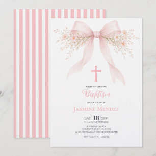 Invitation Baptême Fille Rayures Florales Croix Ruban Rose
