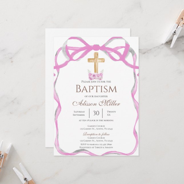 Invitation Baptême Fille Rose Bow (Devant/Arrière en situation)