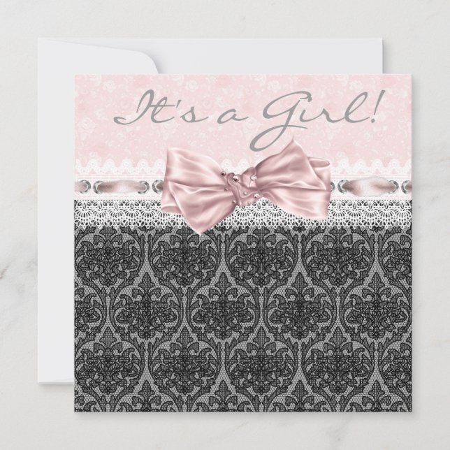 Invitation Baptême Fille Rose et Noir en Dentelle (Devant)