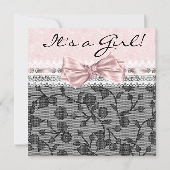 Invitation Baptême Fille Rose et Noir en Dentelle (Devant)