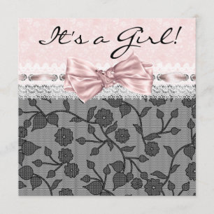 Invitation Baptême Fille Rose et Noir en Dentelle