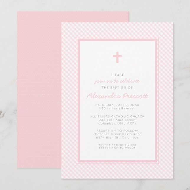 Invitation Baptême fille rose gingham (Devant / Derrière)