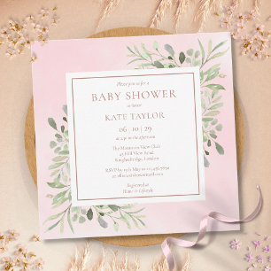 Invitation Baptême Fille Rose Gold Saupoudrer de Verdure
