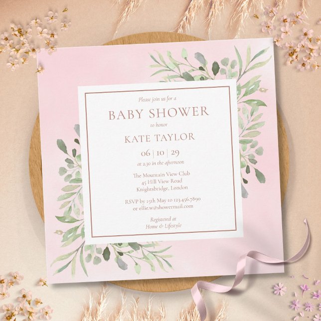 Invitation Baptême Fille Rose Gold | Saupoudrer de Verdure (Créateur téléchargé)