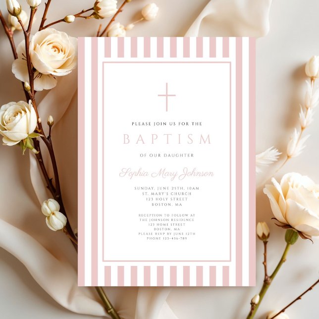 Invitation Baptême Fille Rose Pâle Élégant (Elegant Blush Pink Girl Baptism Invitation)