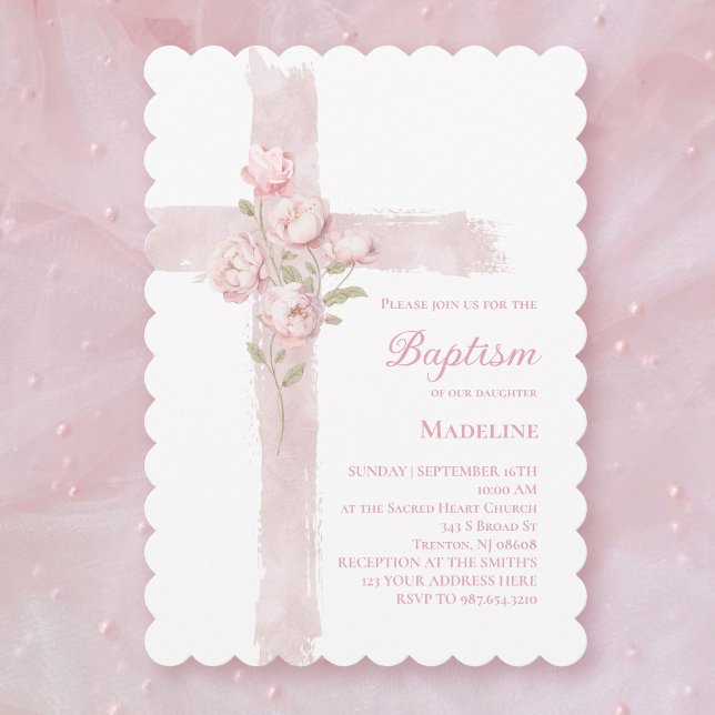 Invitation baptême fille rose peonies croix  (Créateur téléchargé)