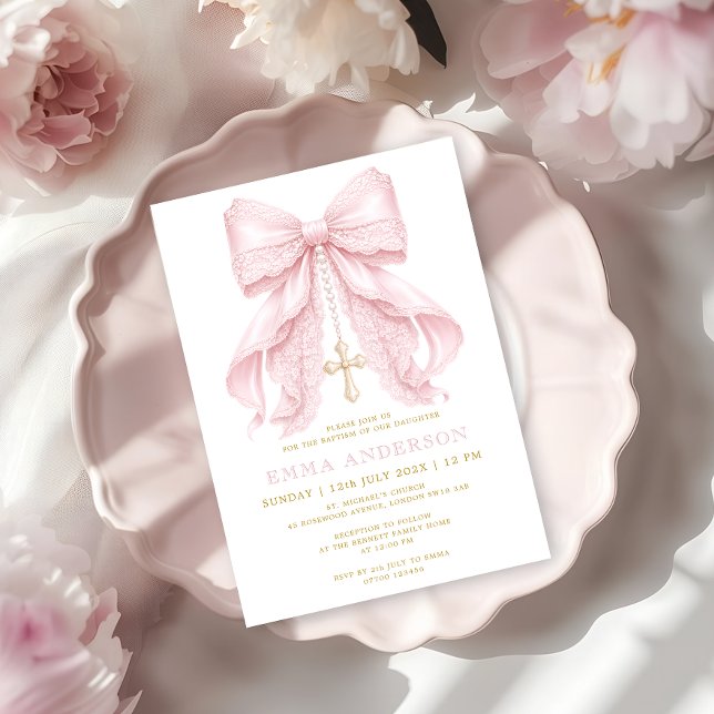 Invitation Baptême Fille Rose Ruban (Créateur téléchargé)