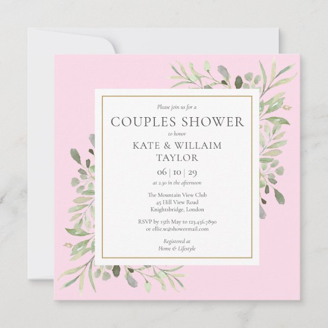 Invitation Baptême Fille Rose Végétation Aquarelle Couples (Devant)