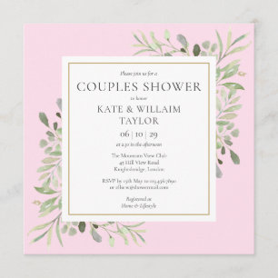 Invitation Baptême Fille Rose Végétation Aquarelle Couples