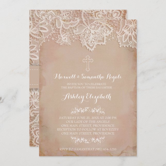 Invitation Baptême, Fille, Rose Vintage (Devant / Derrière)