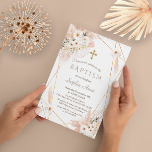 Invitation Baptême Fille Roses Blanches du Désert Herbe des P