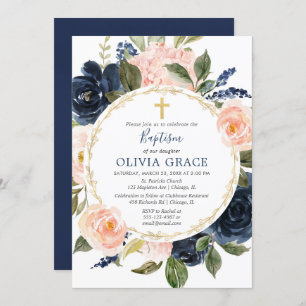 Invitation Baptême fille rougit marine rose bleu or élégant