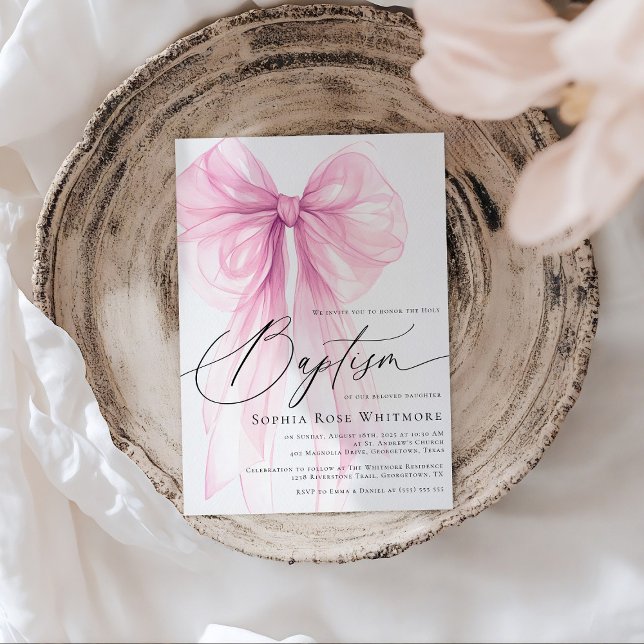 Invitation Baptême Fille Ruban Rose Coquette (Créateur téléchargé)