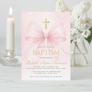 Invitation Baptême Fille Ruban Rose Croix Or Faux Aquarelle