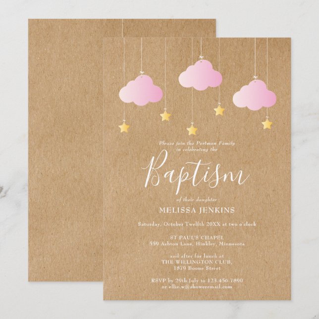 Invitation Baptême Fille Rustique Célébration Étoiles Scintil (Devant / Derrière)