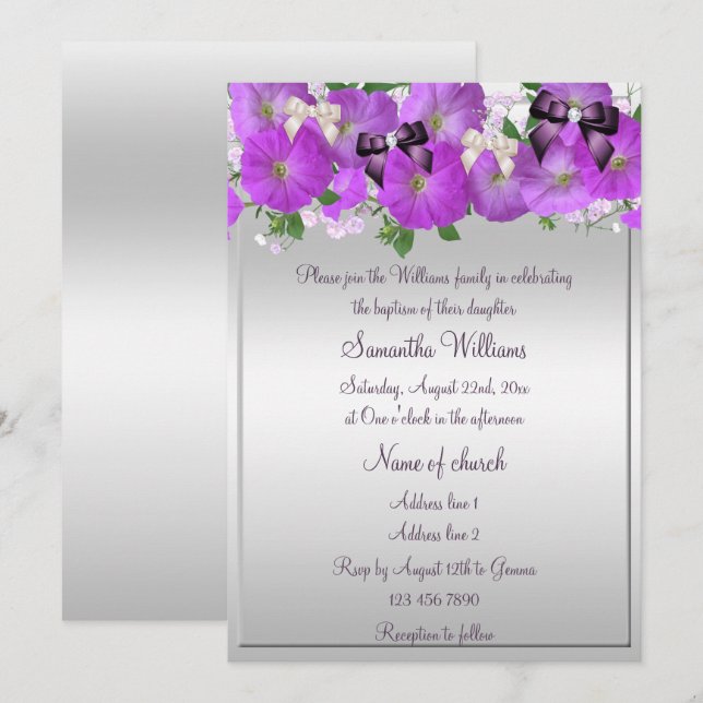 Invitation Baptême Filles Petunias & Rubans (Devant / Derrière)