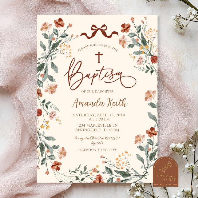 Invitation Baptême Fleur de Bohème Coquette (Créateur téléchargé)