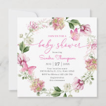Baptême Fleur de Papillon Rose Aquarelle