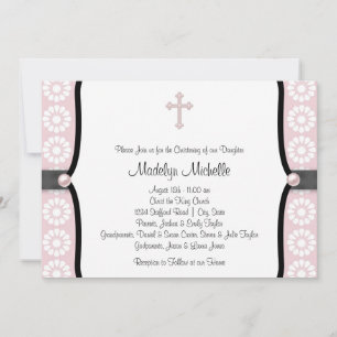 Invitation Baptême Fleur Rose Pearl Cross