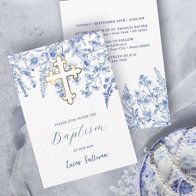 Invitation Baptême Fleur sauvage bleu français (Créateur téléchargé)
