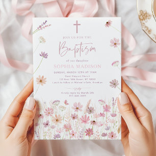 Invitation Baptême Fleur sauvage de Boho Rose Dusty