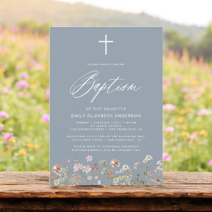 Invitation Baptême Fleur sauvage Dusty Bleu Script