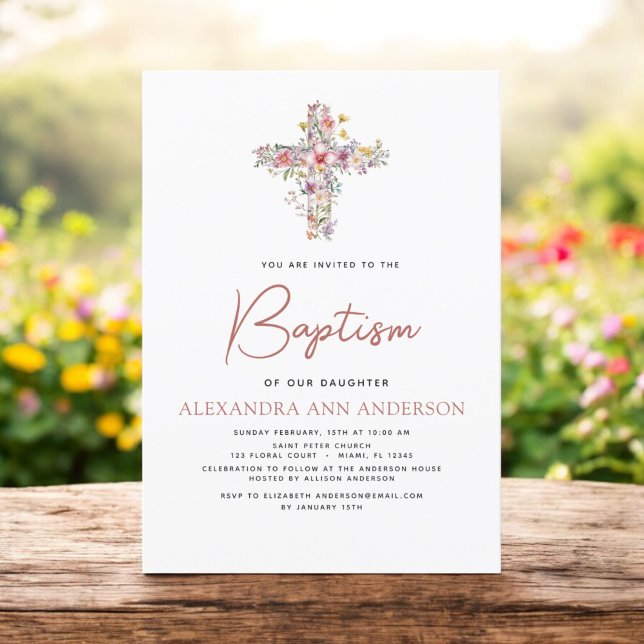 Invitation Baptême Fleur sauvage Dusty Rose Rose vert (Créateur téléchargé)