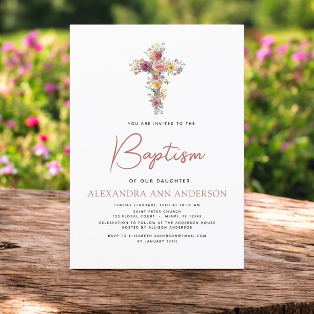 Invitation Baptême Fleur sauvage Dusty Rose Rose vert (Créateur téléchargé)