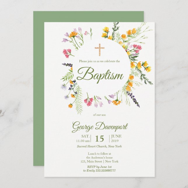 Invitation Baptême fleur sauvage Événement religieux Invitati (Devant / Derrière)
