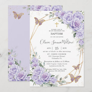 Invitation Baptême Fleurie Lavande Violette Élégante