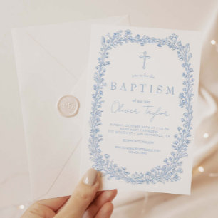 Invitation Baptême Fleurie Toile Bleu Clair