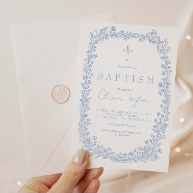 Invitation Baptême Fleurie Toile Bleu Clair (Créateur téléchargé)