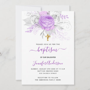 Invitation Baptême fleurons violets fille élégant blanc