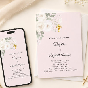 Invitation Baptême fleurs blanches rose fille