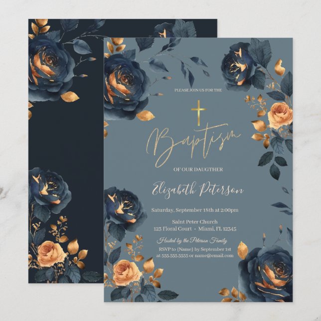 Invitation Baptême Fleurs Bleu Nuit Or Élégant  (Devant / Derrière)