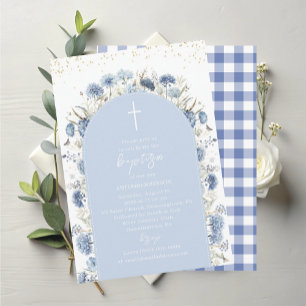 Invitation Baptême Fleurs Bleues Aquarelle Moderne Élégante
