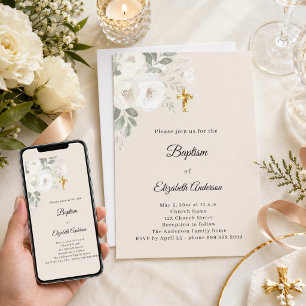 Invitation Baptême fleurs champagne fille croix